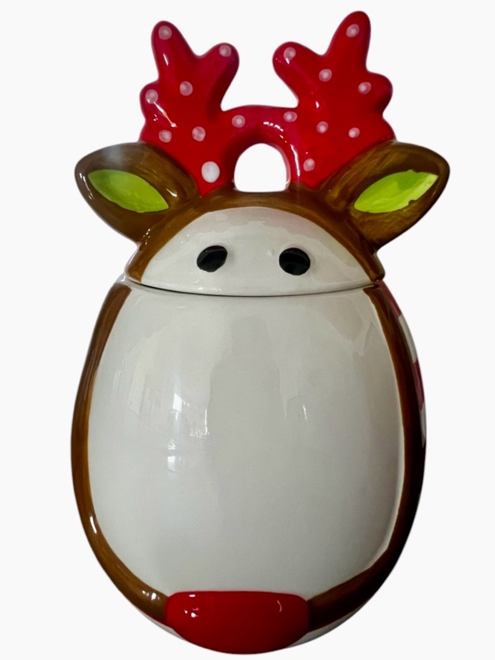 Christmas Ceramic Reindeer Cookie Jar - Red Antlers, Brown & White Body